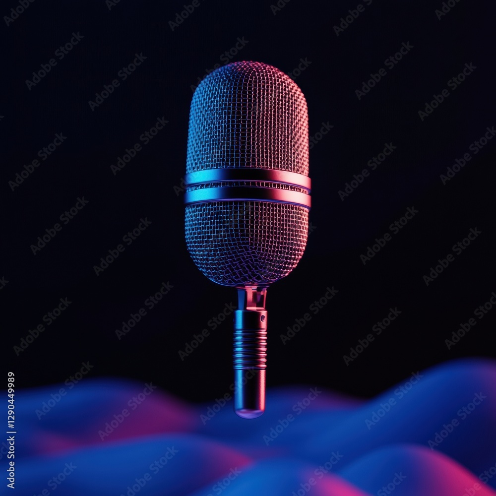 Poster Futuristic Podcasting Microphone Electric Blue Digital Sound Waves and Chrome Texture - Innovation in Media Production for Tech-Driven Audio Broadcasting