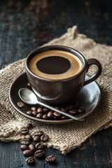 Fototapeta premium Dark coffee in brown cup on rustic burlap on dark wood table