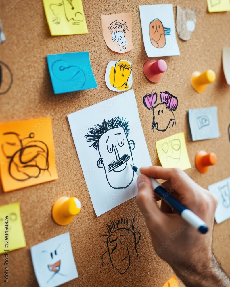Poster Innovative Graphic Novel Workspace Character Sketches on Corkboard with Sticky Notes for Creative Storytelling - Visual Design and Concept Art in Modern Publishing