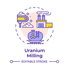 Uranium milling multi color concept icon. Crush, ground and treat with chemical agent. Nuclear fuel cycle. Round shape line illustration. Abstract idea. Graphic design. Easy to use in article