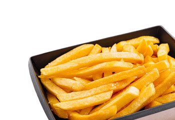 Crispy golden fries served in a black container on a white background