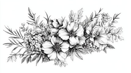 Stunning Black and White Floral Bouquet Illustration