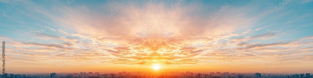 Poster vibrant sunrise over urban architecture dynamic cityscape with interconnected buildings and data str