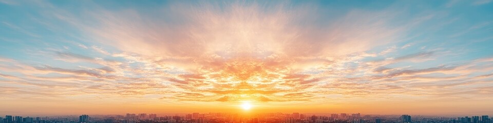 Fototapeta premium Vibrant Sunrise Over Urban Architecture Dynamic Cityscape with Interconnected Buildings and Data Streams - Smart Infrastructure and Urban Innovation for Business Growth