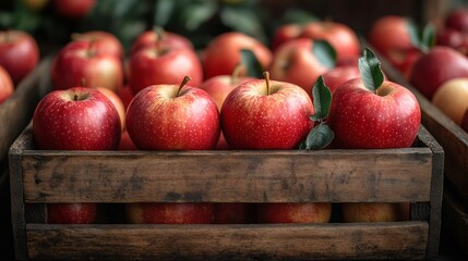 Freshly picked red apples overflowing a rustic wooden crate