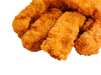 Crispy breaded chicken tenders isolated on white