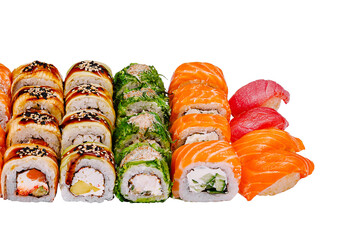 Different types of sushi forming a colorful composition on white background
