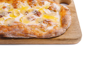 Delicious pizza quattro formaggi lying on wooden board