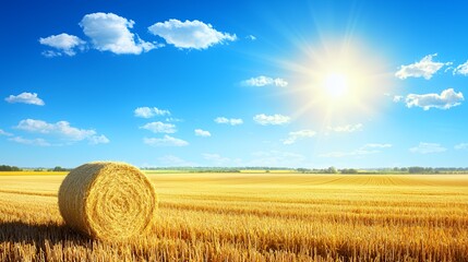 Golden Hay Bale in a Summer Wheat Field under a Bright Sunny Sky