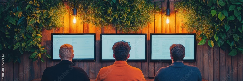 Poster Contemporary Workspace Team Data Analysis Under Eco-Wood Canopy with Triple Screens - Collaborative Tech Setup for Enhanced Business Intelligence and Workflow Efficiency