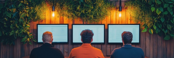 Contemporary Workspace Team Data Analysis Under Eco-Wood Canopy with Triple Screens - Collaborative Tech Setup for Enhanced Business Intelligence and Workflow Efficiency