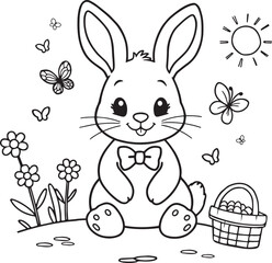 Fototapeta premium Coloring page for little kids with a cute easter bunny surrounded by flowers butterflies, basket with berries and sun