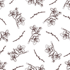 Hand drawn seamless pattern with cherry blossoms and willow branches © Mariia Mazaeva