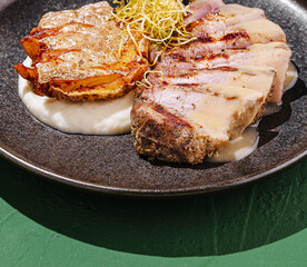 Savory grilled duck and squash served on smooth puree