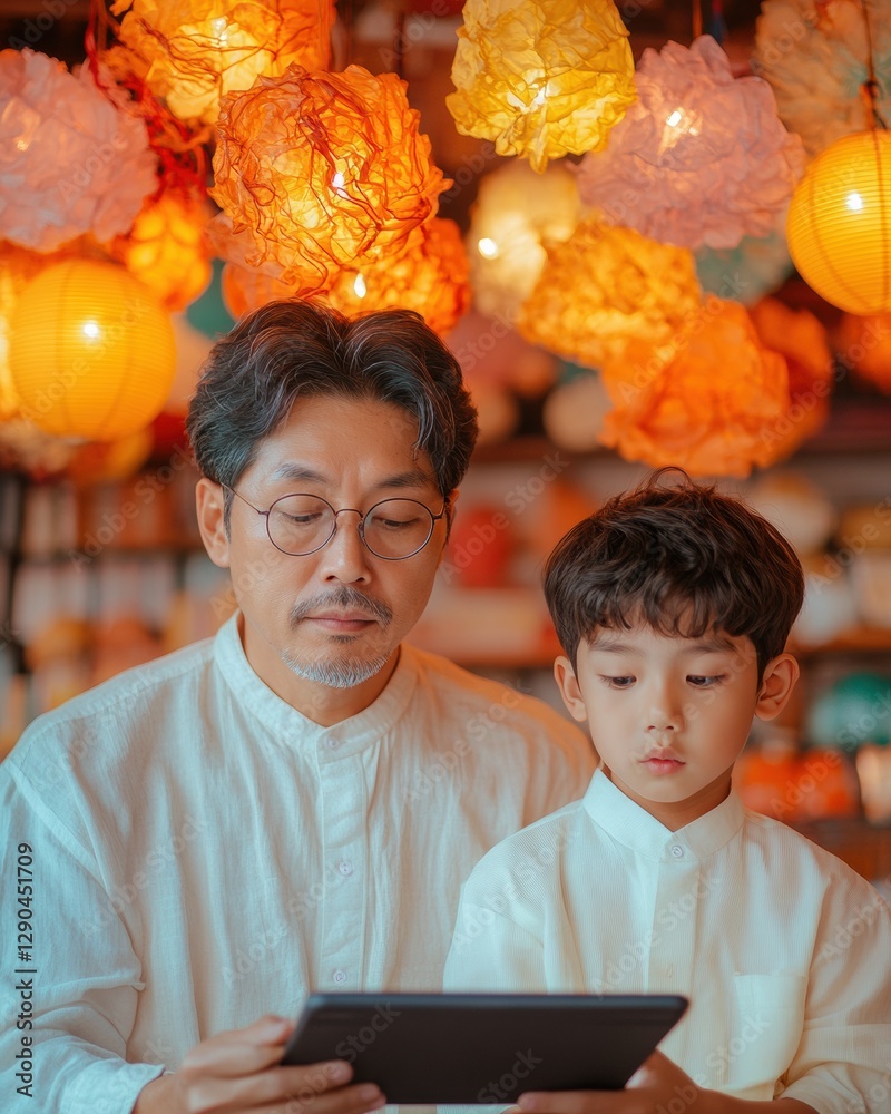 Poster cross-cultural digital learning and remote work father and son navigate tech connectivity in vibrant