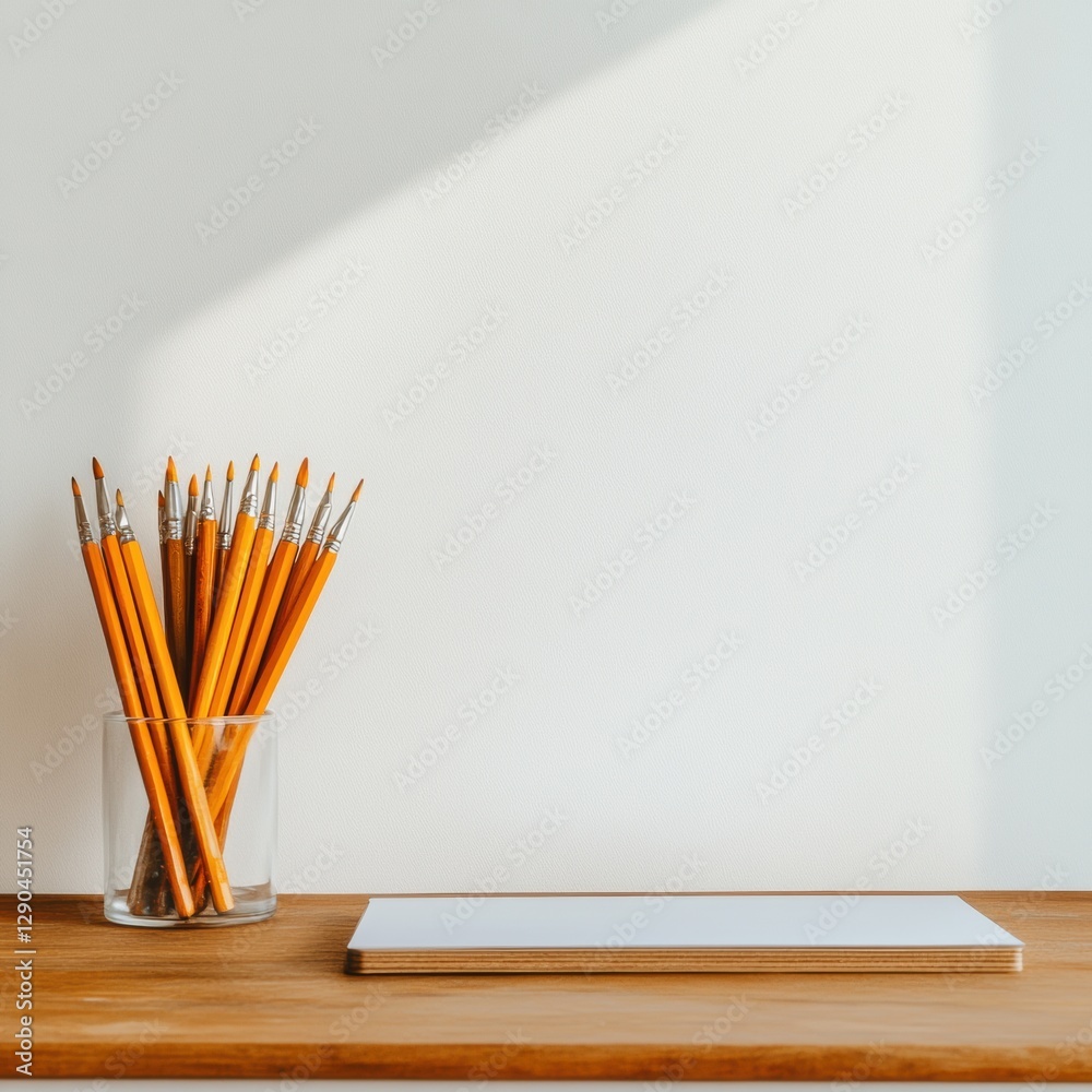 Poster minimalist workspace design glass jar with professional brushes and wooden desk - ideal for artistic