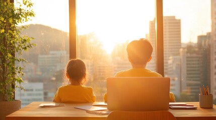 Minimalist Urban Family Workspace Sunlit Wooden Table and Tech in South Korean Apartment - Digital Nomad Lifestyle and Global Homeschool Solutions