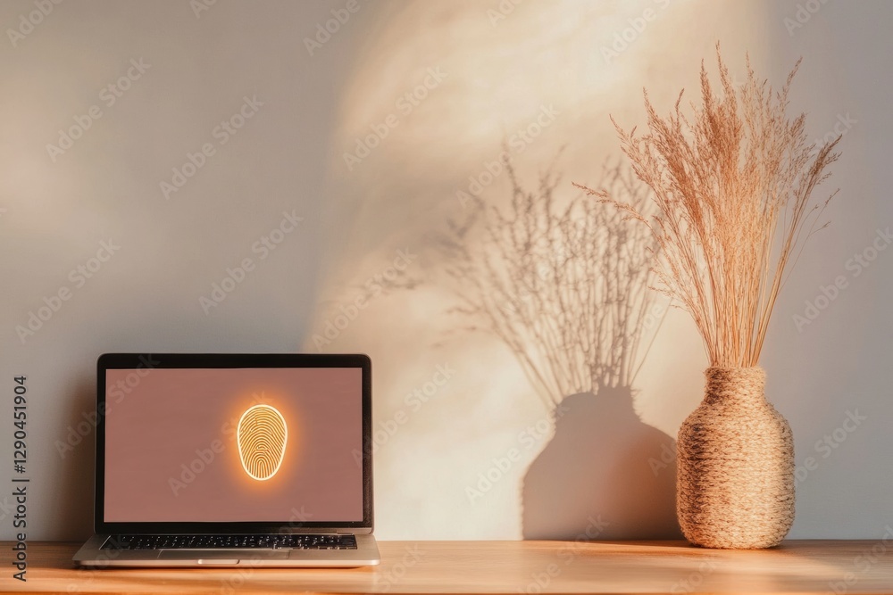 Aufkleber minimalist tech workspace sleek laptop with secure login on wooden desk - cybersecurity solutions an