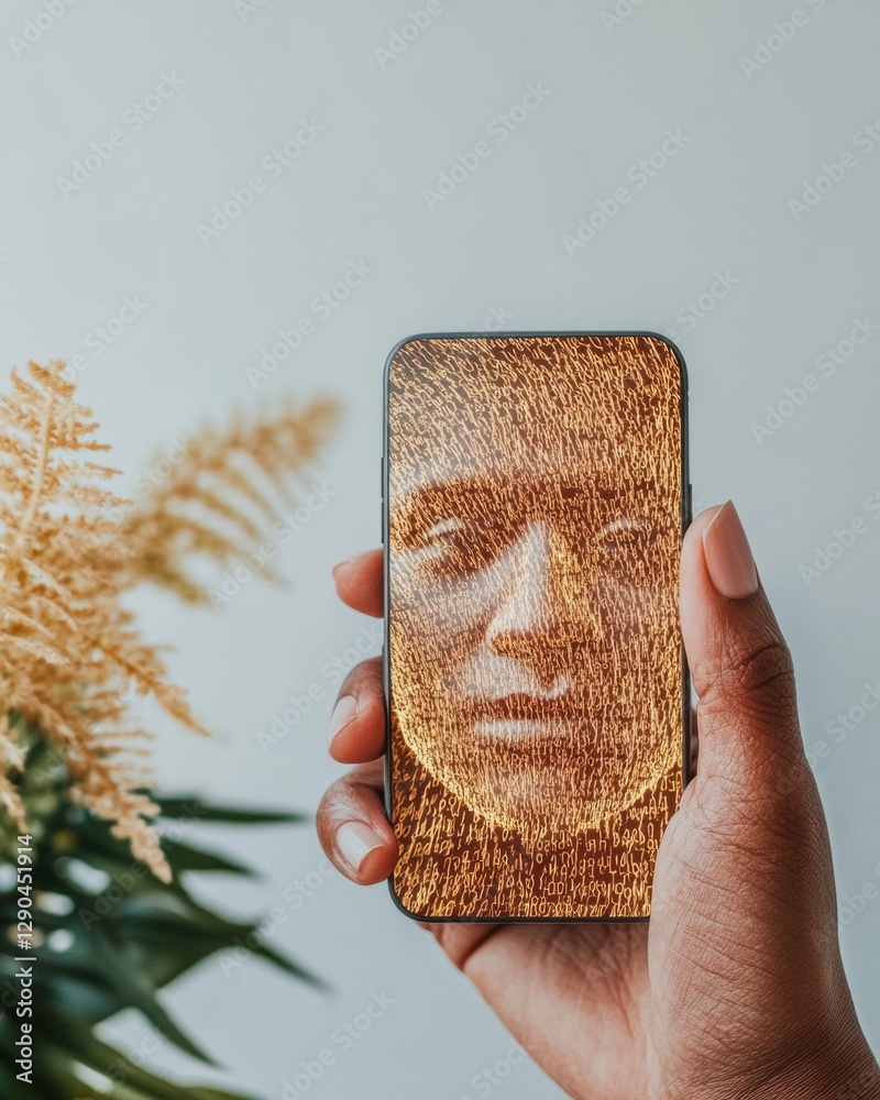 Aufkleber Digital Privacy Art Hand with Smartphone Featuring Digital Face Code - Secure Tech Content for Business Innovation and Modern Digital Marketing Strategies