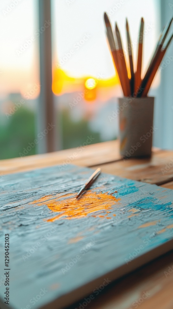 Poster Abstract Expressionism and Artisanal Texture Vibrant Digital-Analog Painting with Paintbrushes on Sunrise Wooden Desk - Creative Workspace for Innovative Artistic Content and Modern Design Inspiration