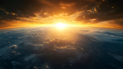 Planet earth rotating showing sunrise in space with orange and yellow sky