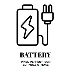 Battery symbol, featuring an editable stroke outline icon isolated on white background flat vector illustration. Pixel perfect