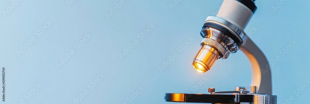 Poster minimalist scientific workspace clinical microscope against blue gradient for advanced research docu
