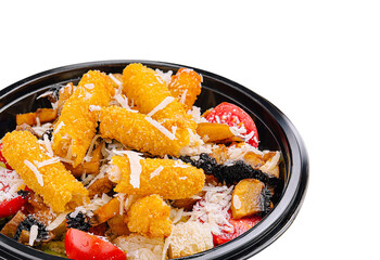 Crispy chicken tenders served with fresh vegetables and cheese