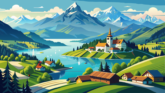 Beautiful view to Lucerne lake (Vierwaldstattersee), mountain Rigi and Swiss Alps from Pilatus mountain, Switzerland