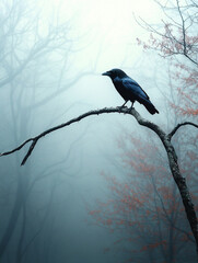 Fototapeta premium Mysterious crow perched on a branch in foggy woods