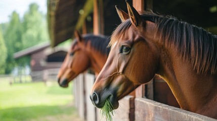 Majestic Horses in a Rustic Stable, a Peaceful Farm Scene