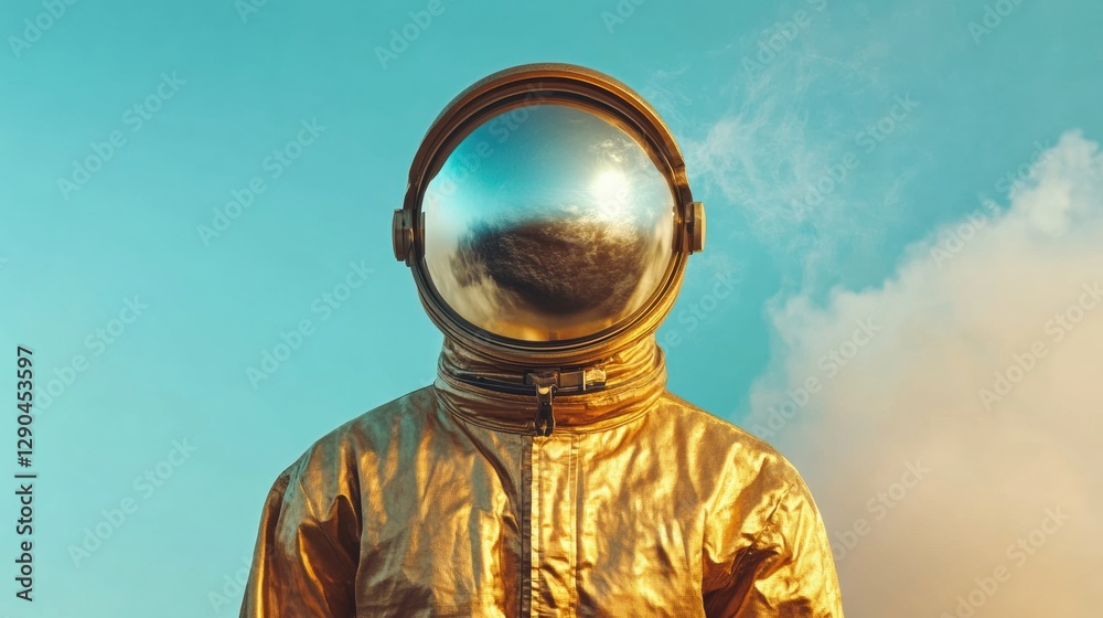 Poster vintage space aesthetic gold metallic spacesuit with earth reflection futuristic conceptual art for 
