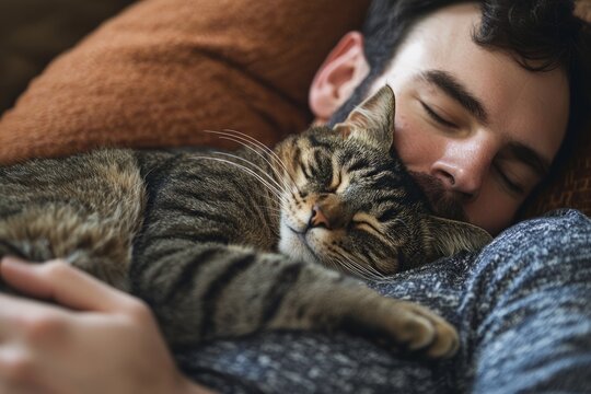 A man and his cat nap together on the couch, The cat is curled up against his chest, both breathing in sync, Generative AI