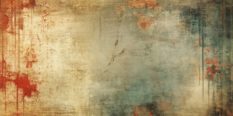 Obraz premium Textured abstract background featuring a blend of warm reds, earthy yellows, and cool greens, with a grunge pattern in a horizontal layout.