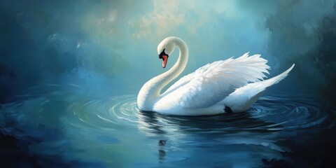 Fototapeta premium Elegant white swan gracefully gliding on calm turquoise water surrounded by soft misty blue hues creating a serene tranquil atmosphere