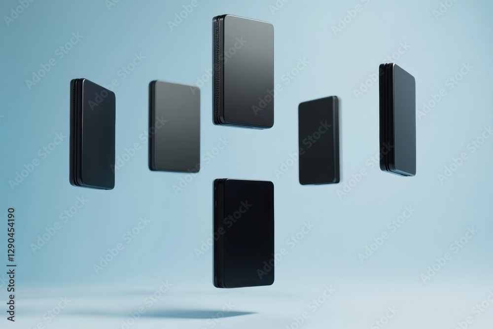 Aufkleber Innovative Tech Display Floating Black External Hard Drives on Vibrant Navy - Modern Data Security Design and Dynamic Product Catalog Imagery