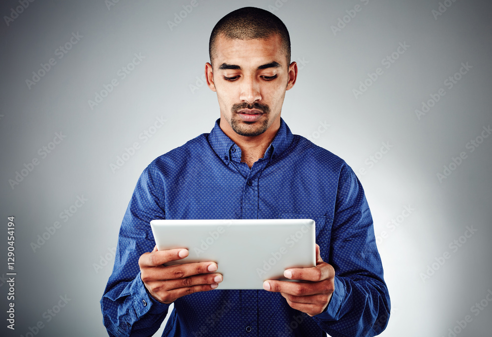 Poster studio, businessman and professional with tablet for research, software update and deadline for ux. 