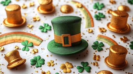 Green leprechaun hat celebrating saint patrick's day with shamrocks and rainbows