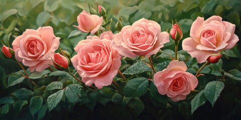 Delicate pink roses with dew drops surrounded by green foliage, beautifully arranged with various blooms and buds for a serene garden scene.