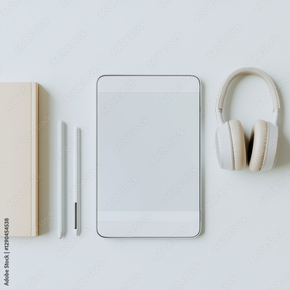 Poster minimalist virtual learning setup ai-driven tablet, wireless headphones and stylus on white desk - e