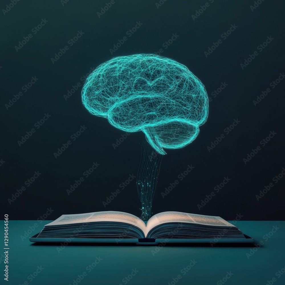 Poster futuristic edtech aesthetic holographic ai brain emerging from open book and laptop connection - rev