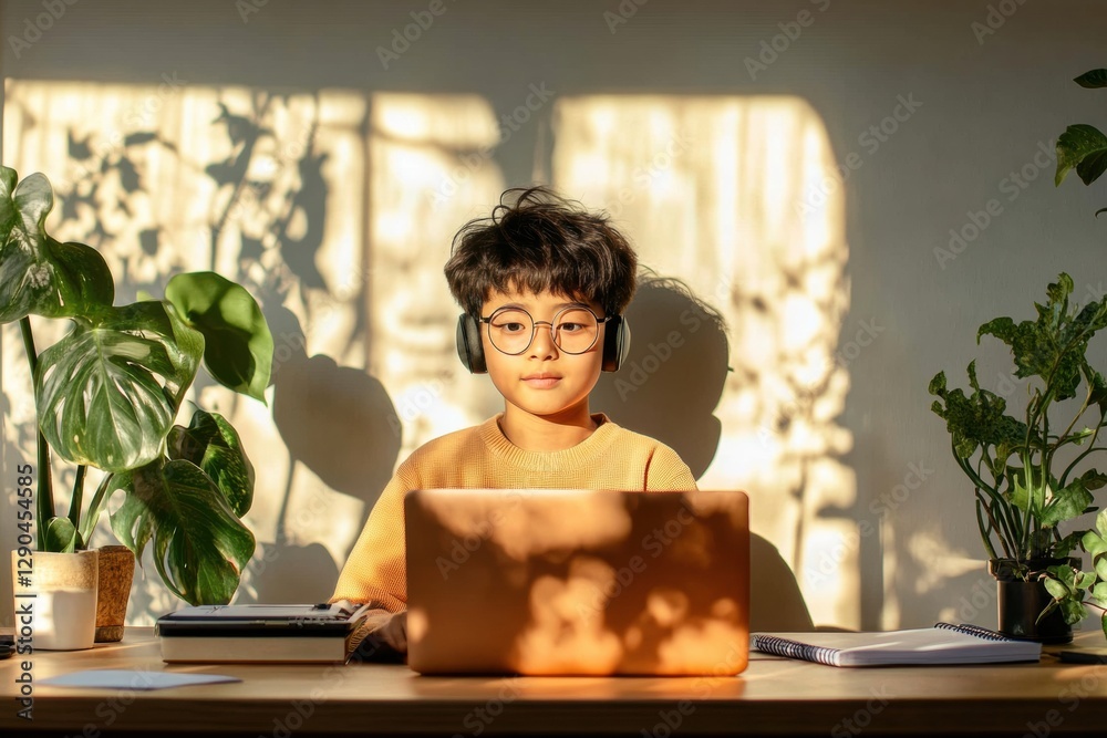 Poster Minimalist Home Study Setup Young Student with Smart Gadgets in Natural Light - AI-Powered Math Tutoring for Modern Educational Innovation and Digital Learning Spaces