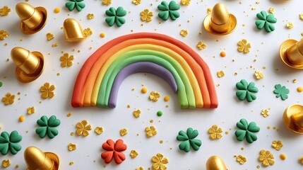 Colorful rainbow, golden chocolate eggs and shamrocks celebrating saint patrick's day