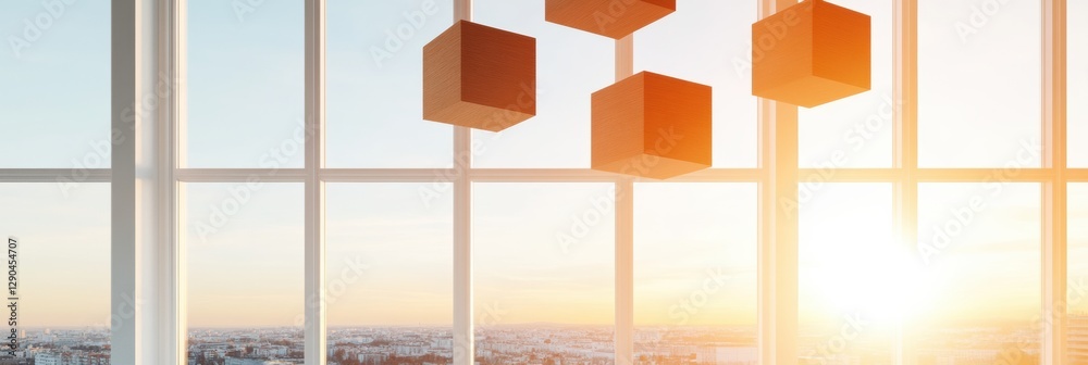 Poster Minimalist Workspace Graph Wooden Cubes in Modern Office with Large Windows - Enhancing Business Innovation and Digital Content Creation in Tech-Savvy Environments