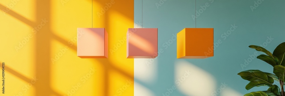 Aufkleber Minimalist Office Aesthetic Floating Digital Interface Cubes in Light-Filled Space for Innovative Business Technology Content and Modern Workspace Design