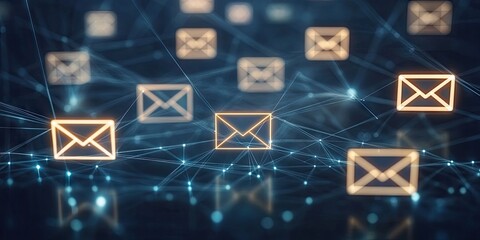 Abstract digital representation of email communication with glowing yellow envelopes suspended in a network of blue lines and nodes on a dark background.