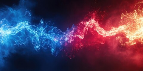 Dynamic abstract background showcasing vibrant blue and red neon lights swirling in the center, with areas of darkness for customizable text placement.