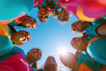 Vivid Team Spirit Dynamic Womens Cricket Huddle on Sunlit Field - Empowering Sports Imagery for Youth Engagement and Community Development in Female Athletics