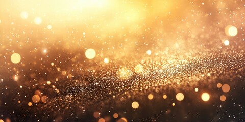 Obraz premium Golden shimmering bokeh background with soft blurred sparkles scattered throughout, creating a warm glow and ideal space for text or logo.