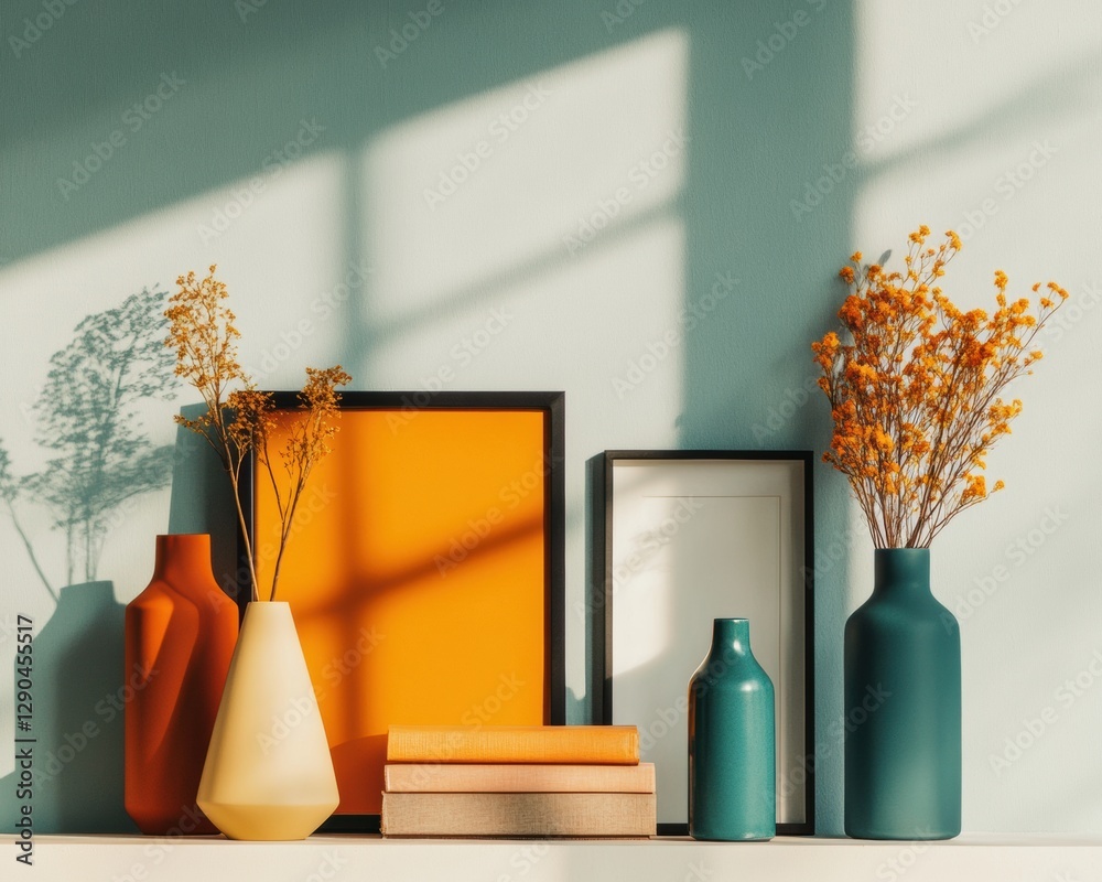 Poster vibrant vases and abstract art on minimal shelving eclectic colors and simple textures for modern ho